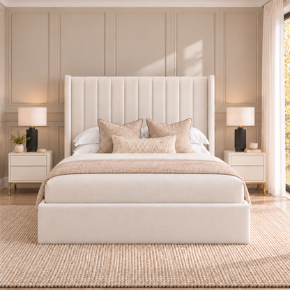 Dusk Wing Bed Frame with slim floorstanding wings outside the side rails – front view
