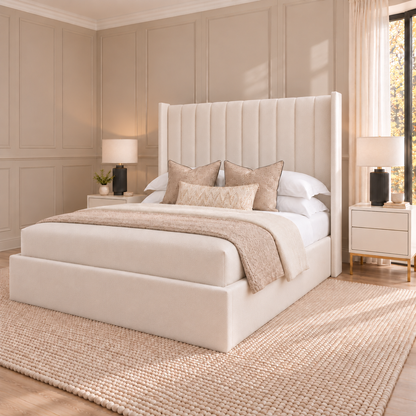 Dusk Wing Bed Frame with slim floorstanding wings outside the side rails – right three-quarter view