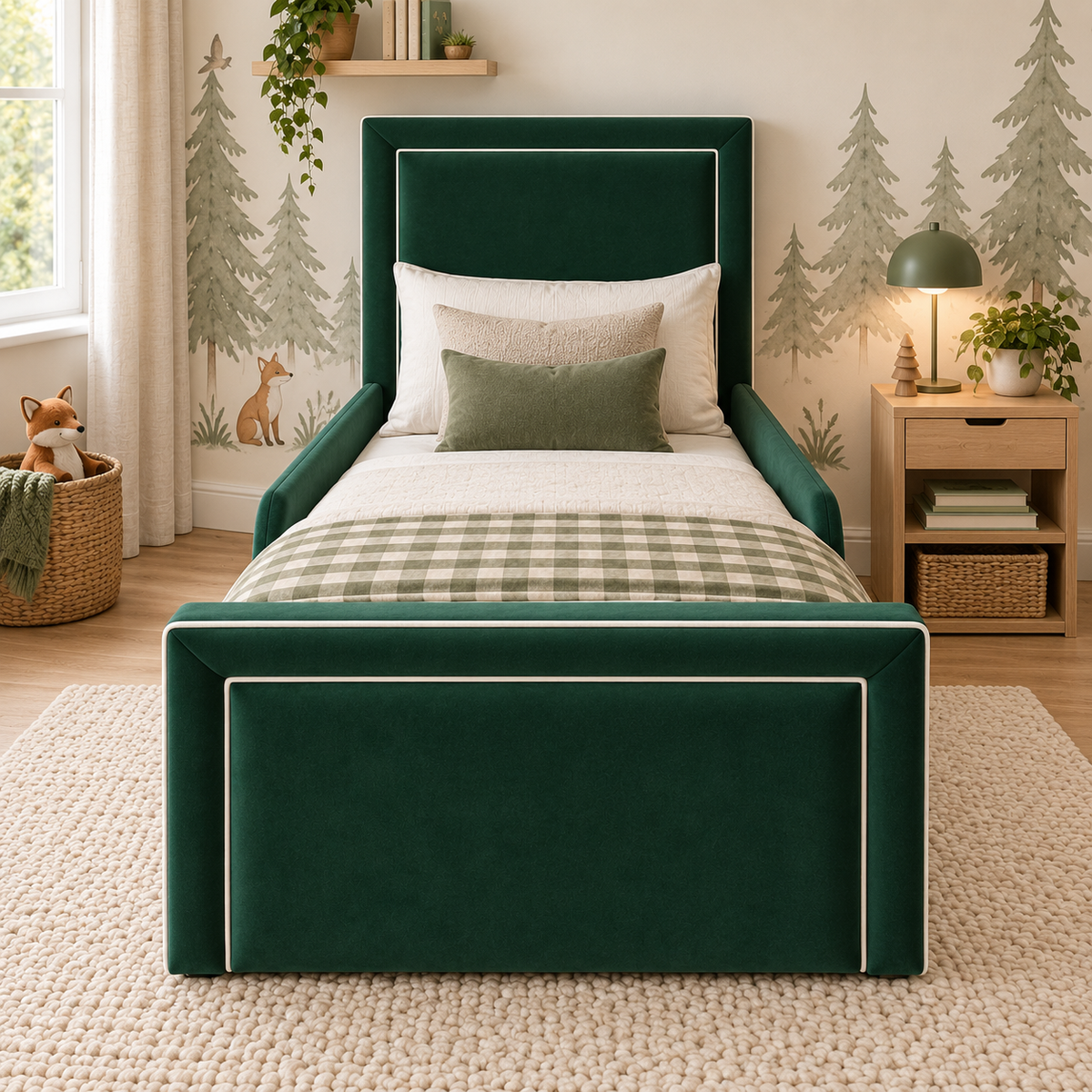 Emerson Kids Bed Frame in soft deep emerald green, front angle view, shown with optional safety side rails