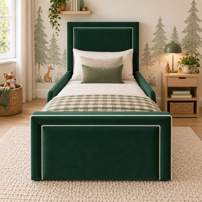 Emerson Kids Bed Frame in soft deep emerald green, front angle view, shown with optional safety side rails