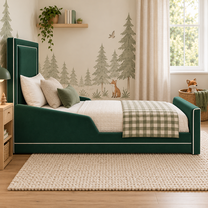 Emerson Kids Bed Frame in soft deep emerald green, left angle view, shown with optional safety side rails