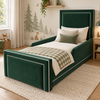 Emerson Kids Bed Frame in soft deep emerald green, styled bedroom main view, shown with optional safety side rails