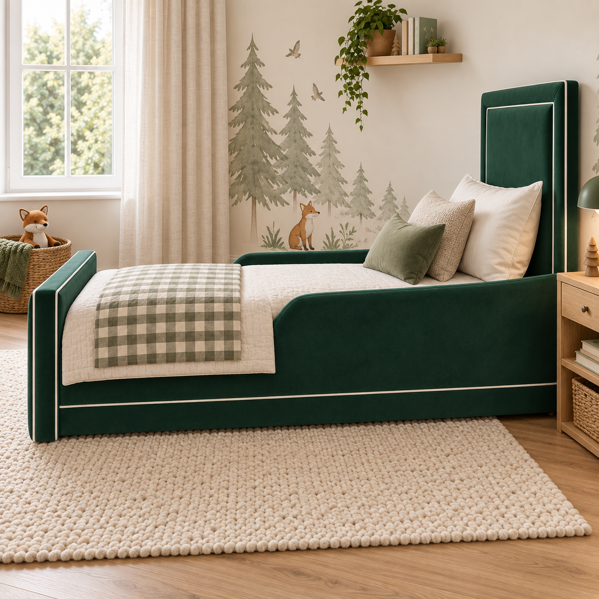 Emerson Kids Bed Frame in soft deep emerald green, right angle view, shown with optional safety side rails