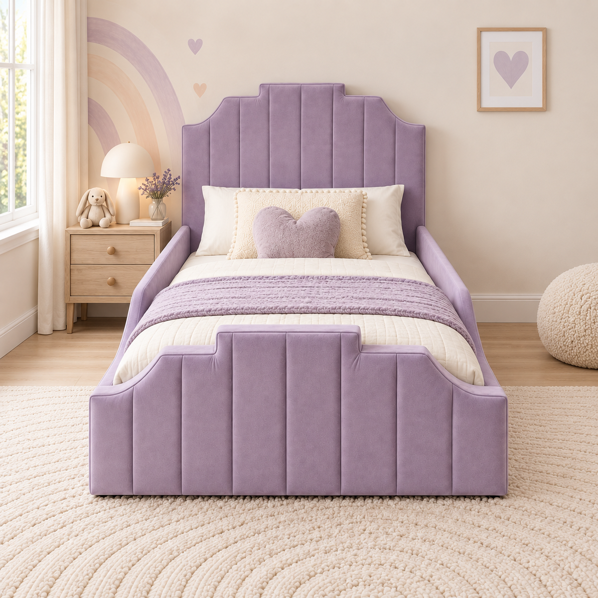 Florence Kids Bed Frame in soft muted purple, front angle view, shown with optional safety side rails