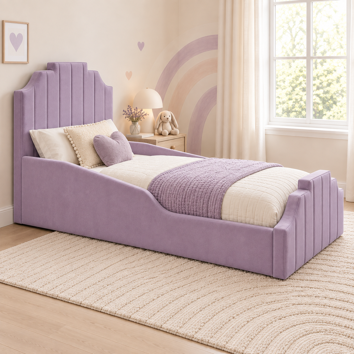 Florence Kids Bed Frame in soft muted purple, left angle view, shown with optional safety side rails