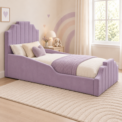 Florence Kids Bed Frame in soft muted purple, left angle view, shown with optional safety side rails