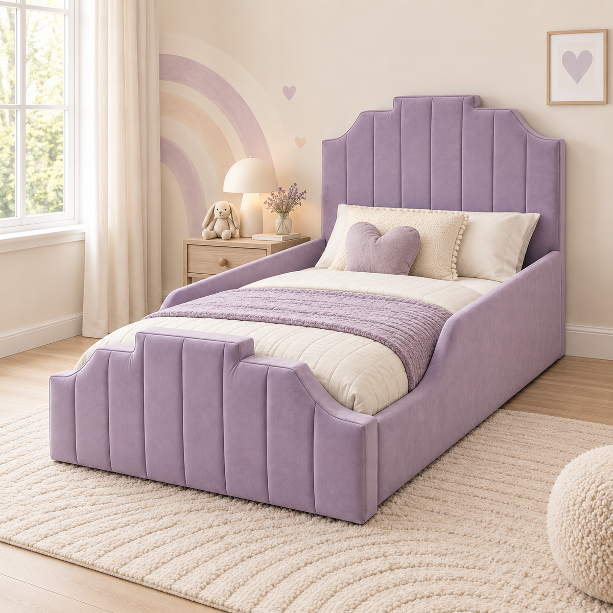 Florence Kids Bed Frame in soft muted purple, styled bedroom main view, shown with optional safety side rails