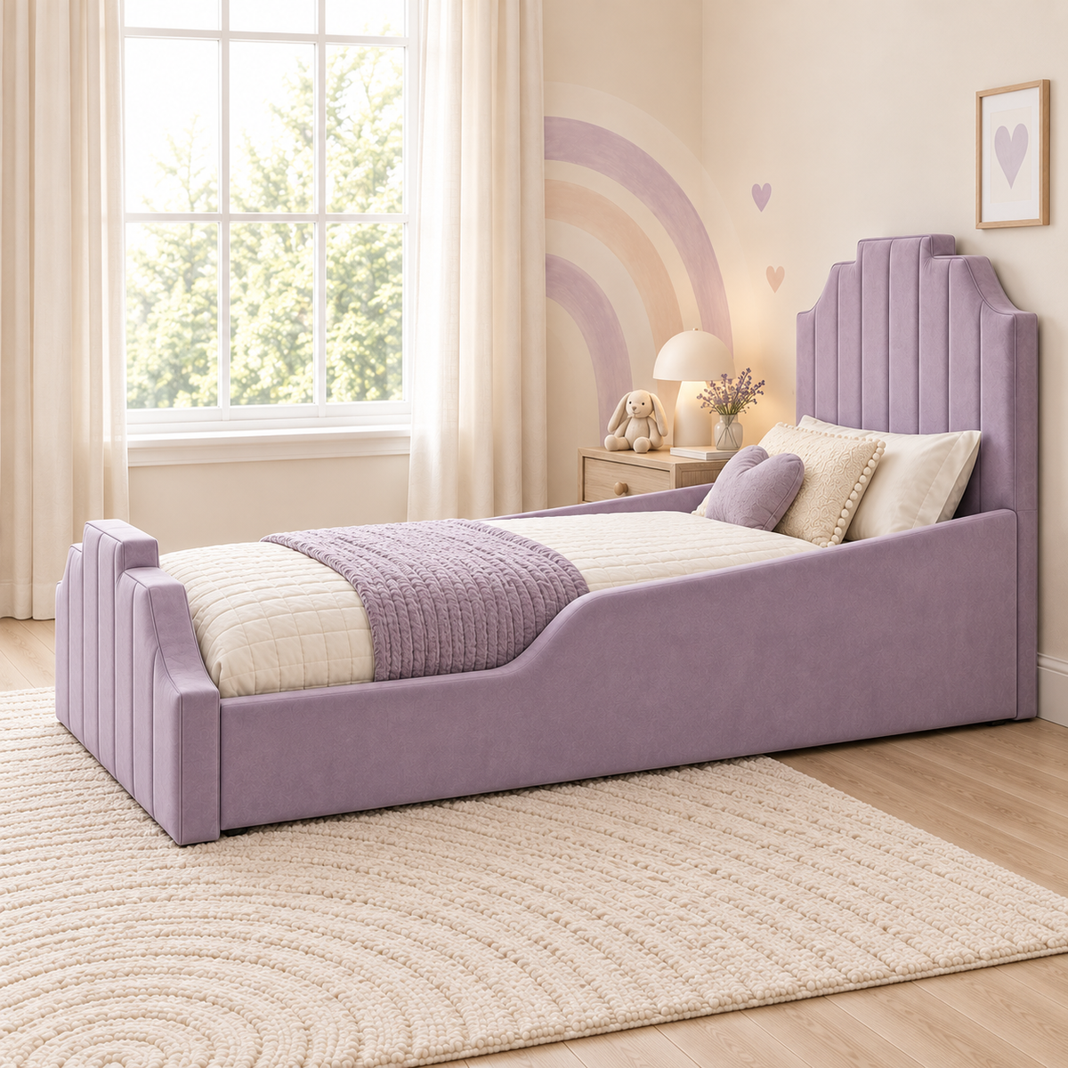Florence Kids Bed Frame in soft muted purple, right angle view, shown with optional safety side rails