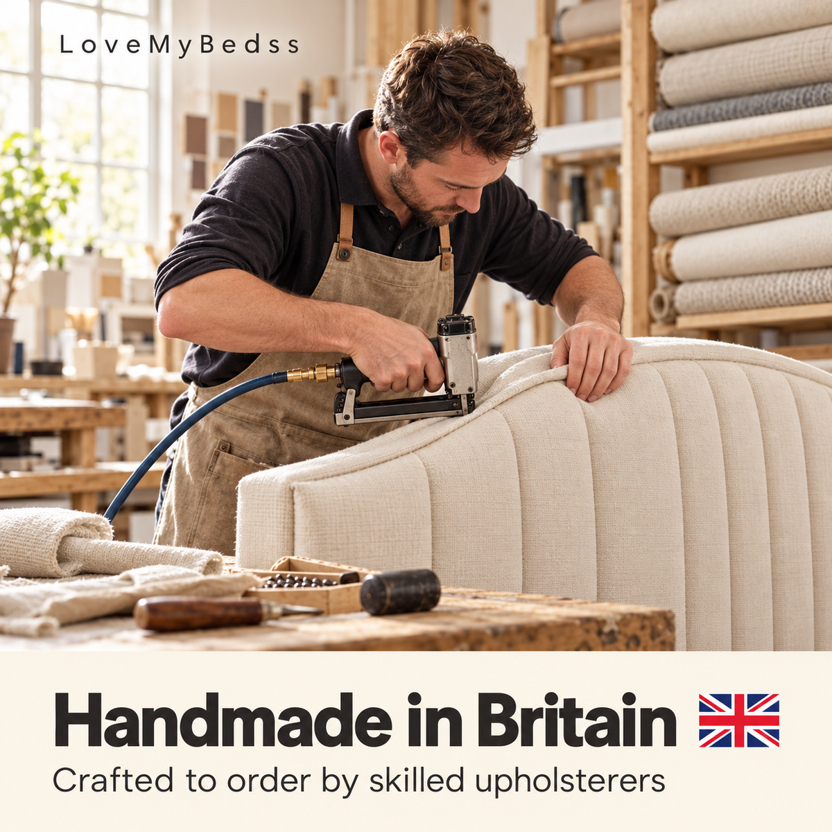 LoveMyBedss handmade in Britain – illustration of a skilled upholsterer crafting a bed headboard
