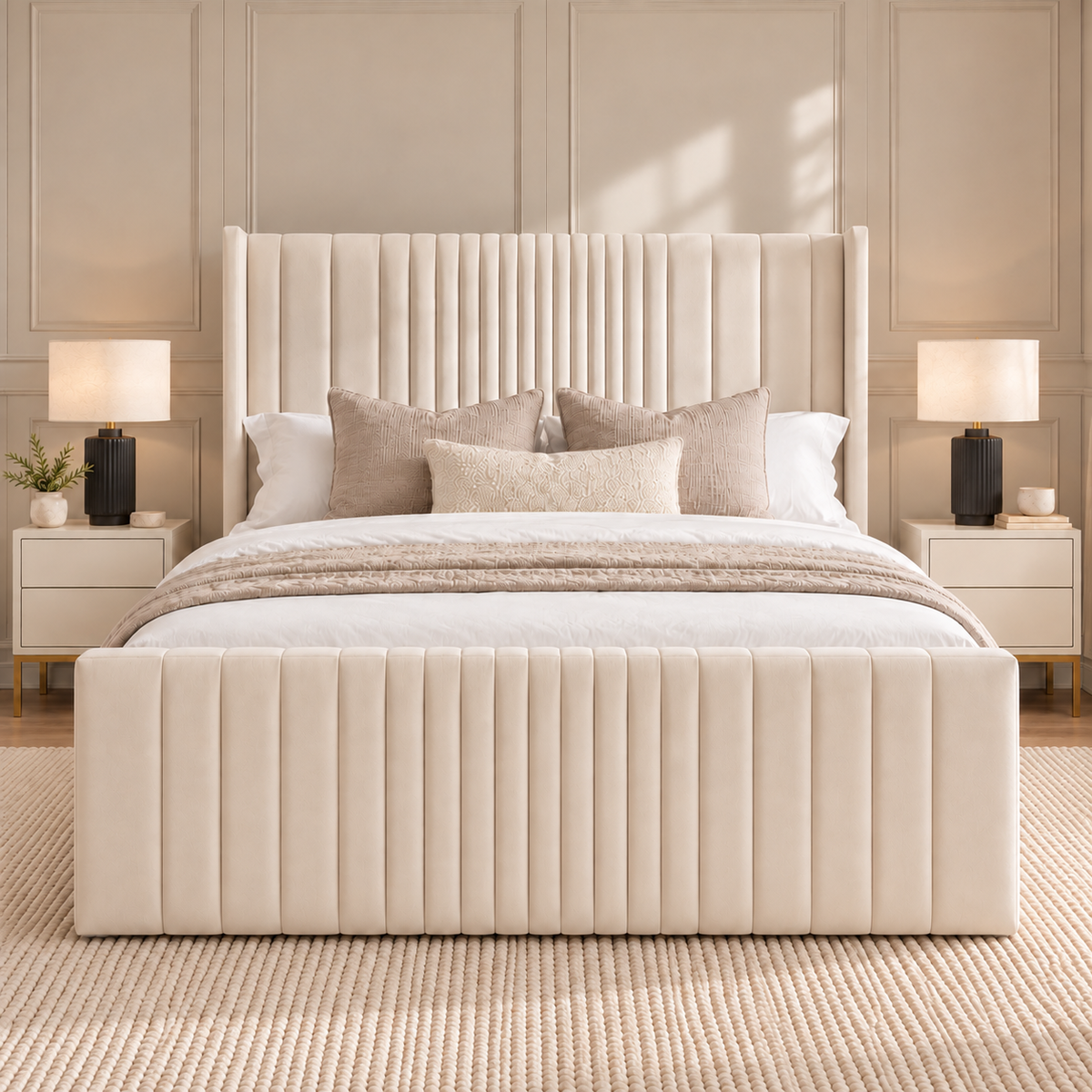 Hilton Wing Bed Frame with slim floorstanding wings outside the side rails – front view