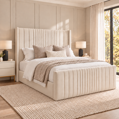 Hilton Wing Bed Frame with slim floorstanding wings outside the side rails – left three-quarter view