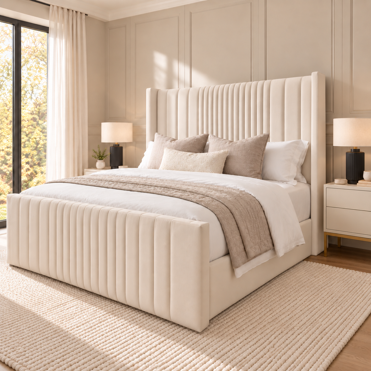 Hilton Wing Bed Frame with slim floorstanding wings outside the side rails – right three-quarter view