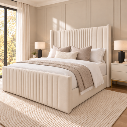 Hilton Wing Bed Frame with slim floorstanding wings outside the side rails – right three-quarter view