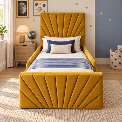 Invicta Luxe Kids Bed Frame in warm ochre mustard, front angle view, shown with optional safety side rails