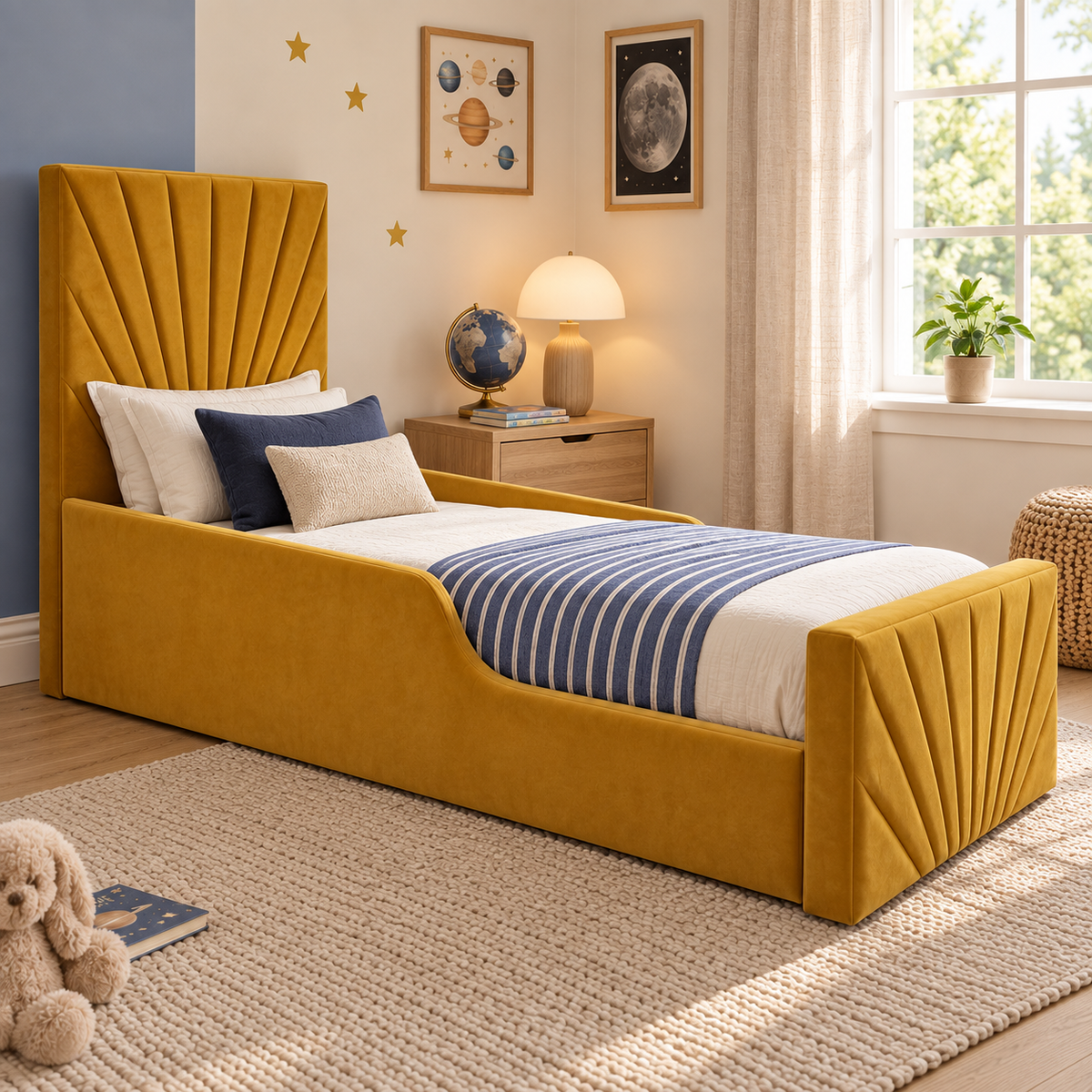 Invicta Luxe Kids Bed Frame in warm ochre mustard, left angle view, shown with optional safety side rails