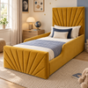 Invicta Luxe Kids Bed Frame in warm ochre mustard, styled bedroom main view, shown with optional safety side rails