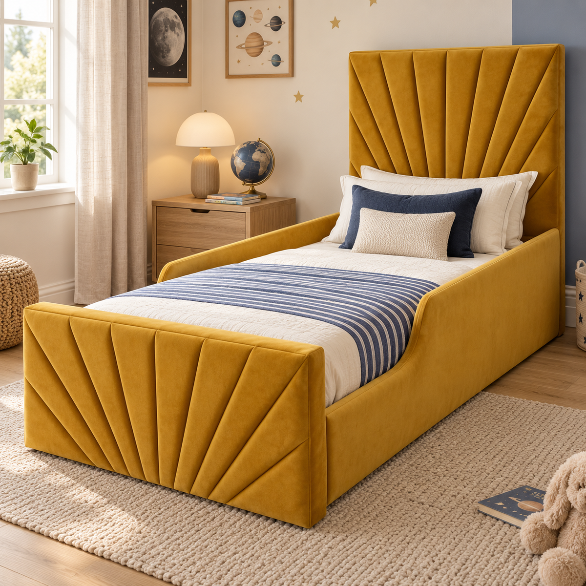 Invicta Luxe Kids Bed Frame in warm ochre mustard, styled bedroom main view, shown with optional safety side rails