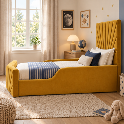 Invicta Luxe Kids Bed Frame in warm ochre mustard, right angle view, shown with optional safety side rails
