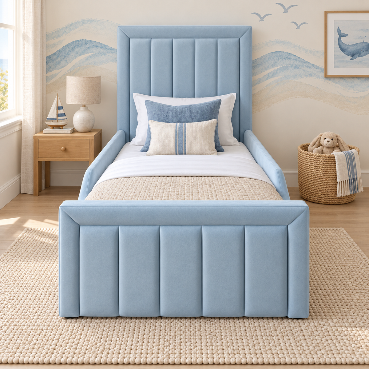 Issy Kids Bed Frame in pale ice blue, front angle view, shown with optional safety side rails