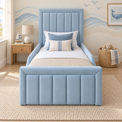 Issy Kids Bed Frame in pale ice blue, front angle view, shown with optional safety side rails