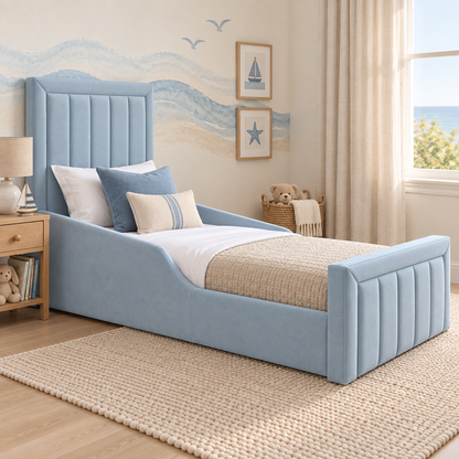 Issy Kids Bed Frame in pale ice blue, left angle view, shown with optional safety side rails