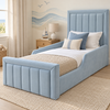 Issy Kids Bed Frame in pale ice blue, styled bedroom main view, shown with optional safety side rails