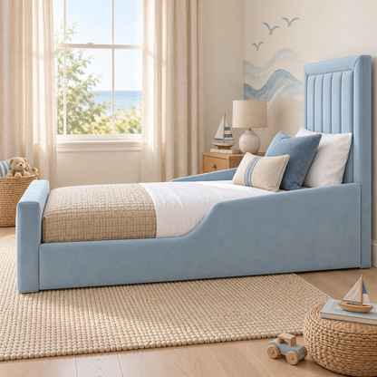 Issy Kids Bed Frame in pale ice blue, right angle view, shown with optional safety side rails