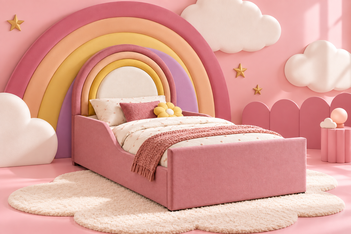 Luma rainbow kids bed in a pink bedroom with rainbow arches, clouds and gold stars
