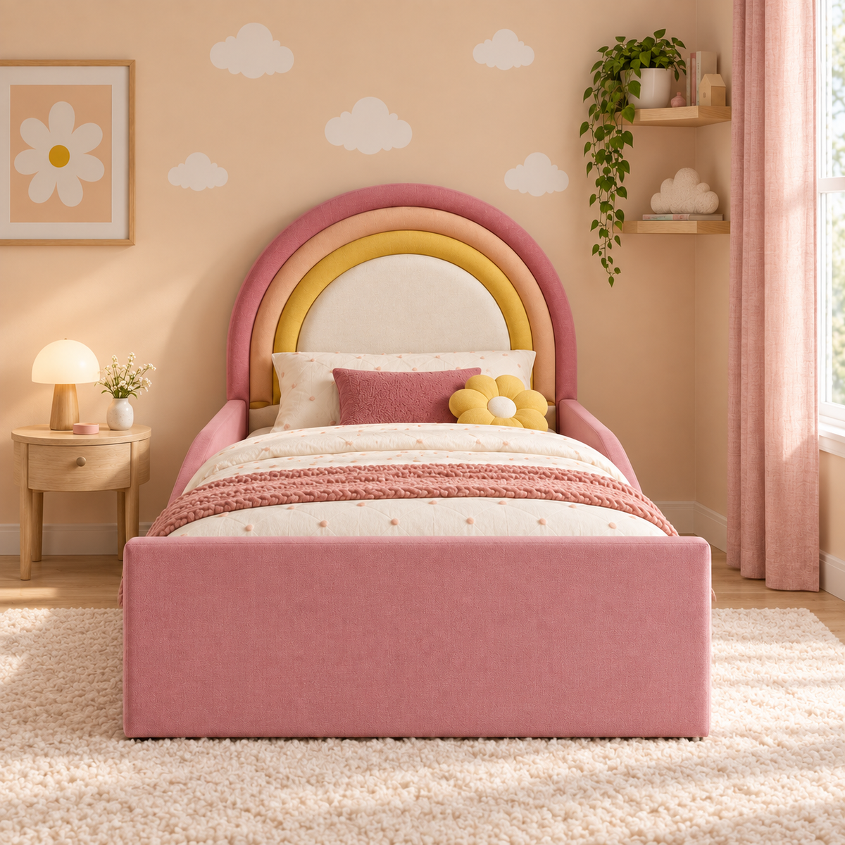 Luma Kids Bed Frame in raspberry pink, peach and golden yellow rainbow bands with ivory centre, head-on view, shown with optional safety side rails