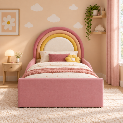 Luma Kids Bed Frame in raspberry pink, peach and golden yellow rainbow bands with ivory centre, head-on view, shown with optional safety side rails