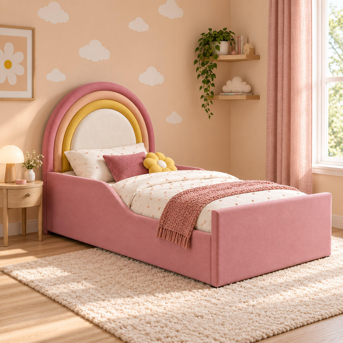 Luma Kids Bed Frame in raspberry pink, peach and golden yellow rainbow bands with ivory centre, left-side view, shown with optional safety side rails