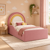 Luma Kids Bed Frame in raspberry pink, peach and golden yellow rainbow bands with ivory centre, main styled bedroom view, shown with optional safety side rails