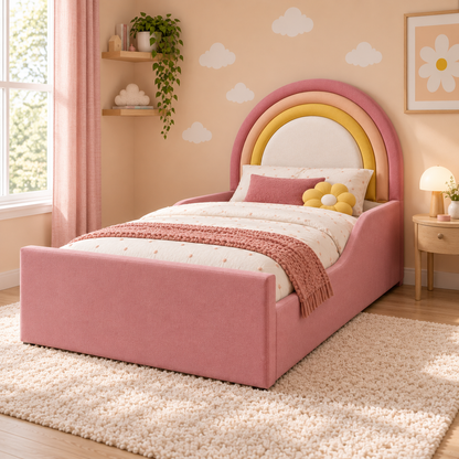 Luma Kids Bed Frame in raspberry pink, peach and golden yellow rainbow bands with ivory centre, right-side view, shown with optional safety side rails