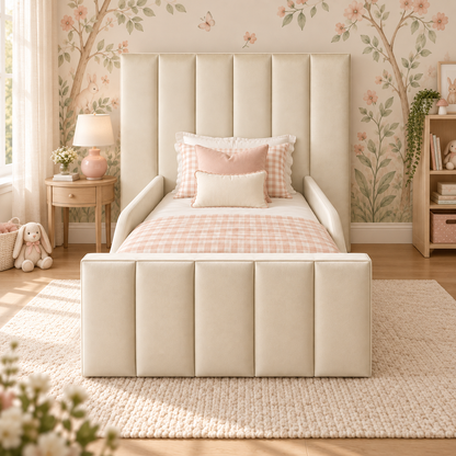 Merry Kids Bed Frame in warm buttery cream, front angle view, shown with optional safety side rails