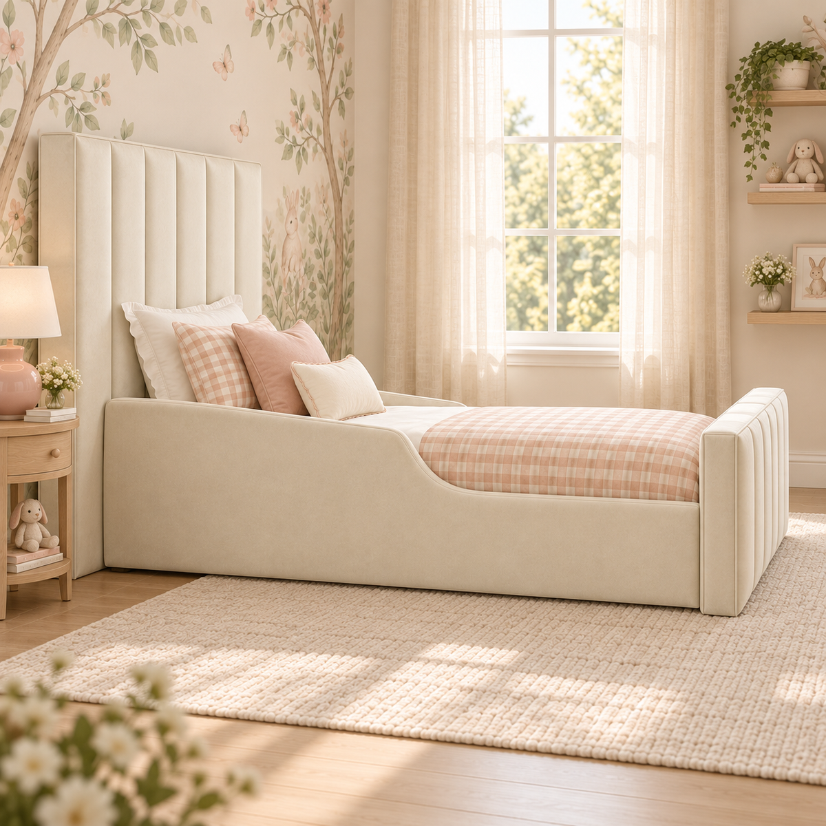 Merry Kids Bed Frame in warm buttery cream, left angle view, shown with optional safety side rails