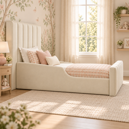 Merry Kids Bed Frame in warm buttery cream, left angle view, shown with optional safety side rails
