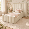 Merry Kids Bed Frame in warm buttery cream, styled bedroom main view, shown with optional safety side rails