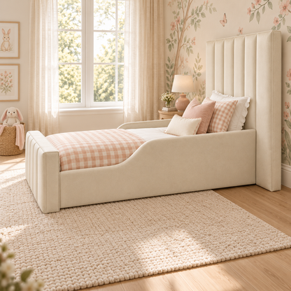 Merry Kids Bed Frame in warm buttery cream, right angle view, shown with optional safety side rails