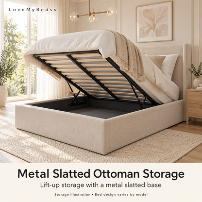 LoveMyBedss metal slatted ottoman storage option illustration; bed design varies by model