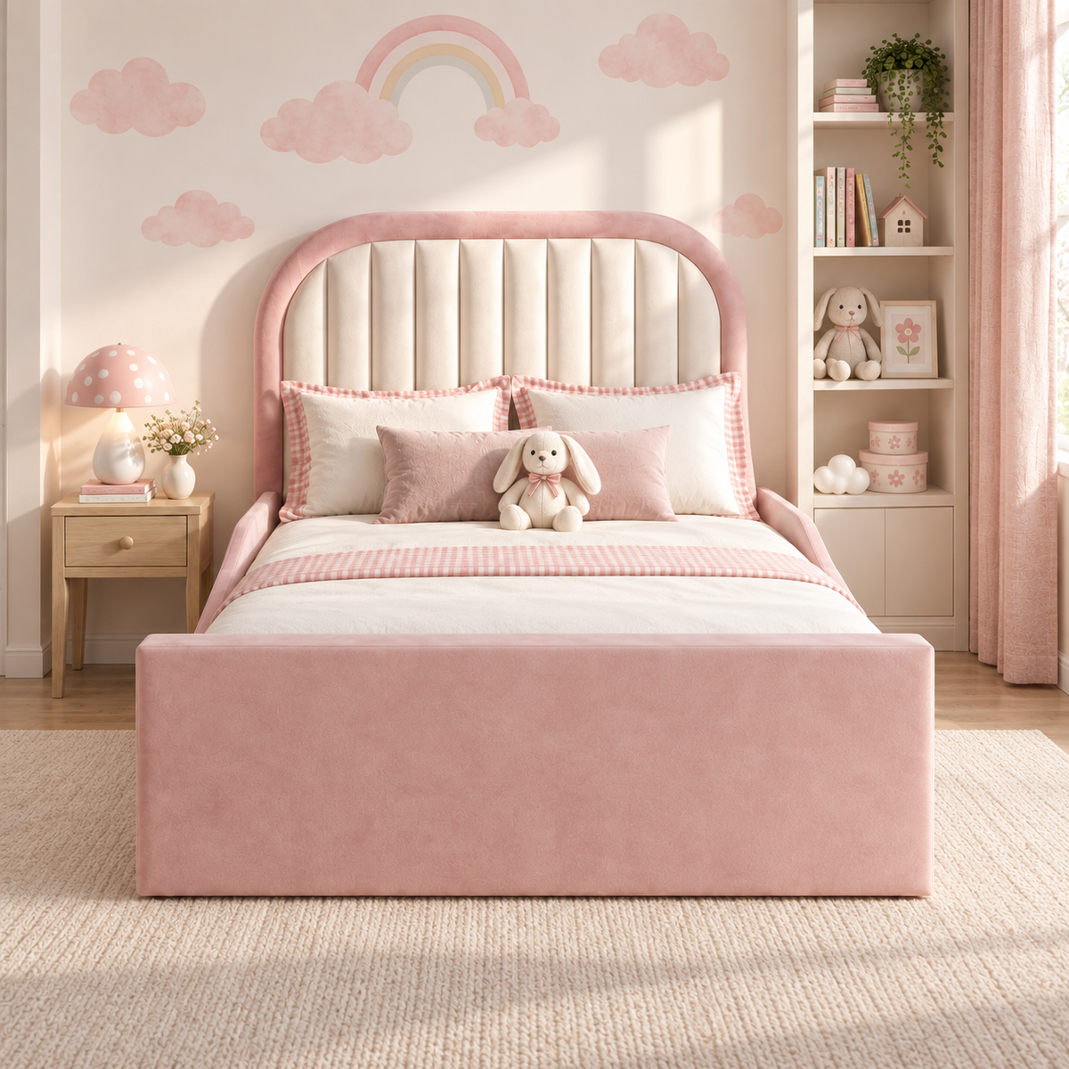 Peony Kids Bed Frame in original plush pink with cream channelled headboard inset, head-on view