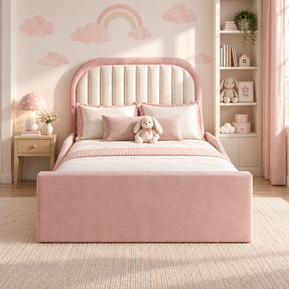 Peony Kids Bed Frame in original plush pink with cream channelled headboard inset, head-on view