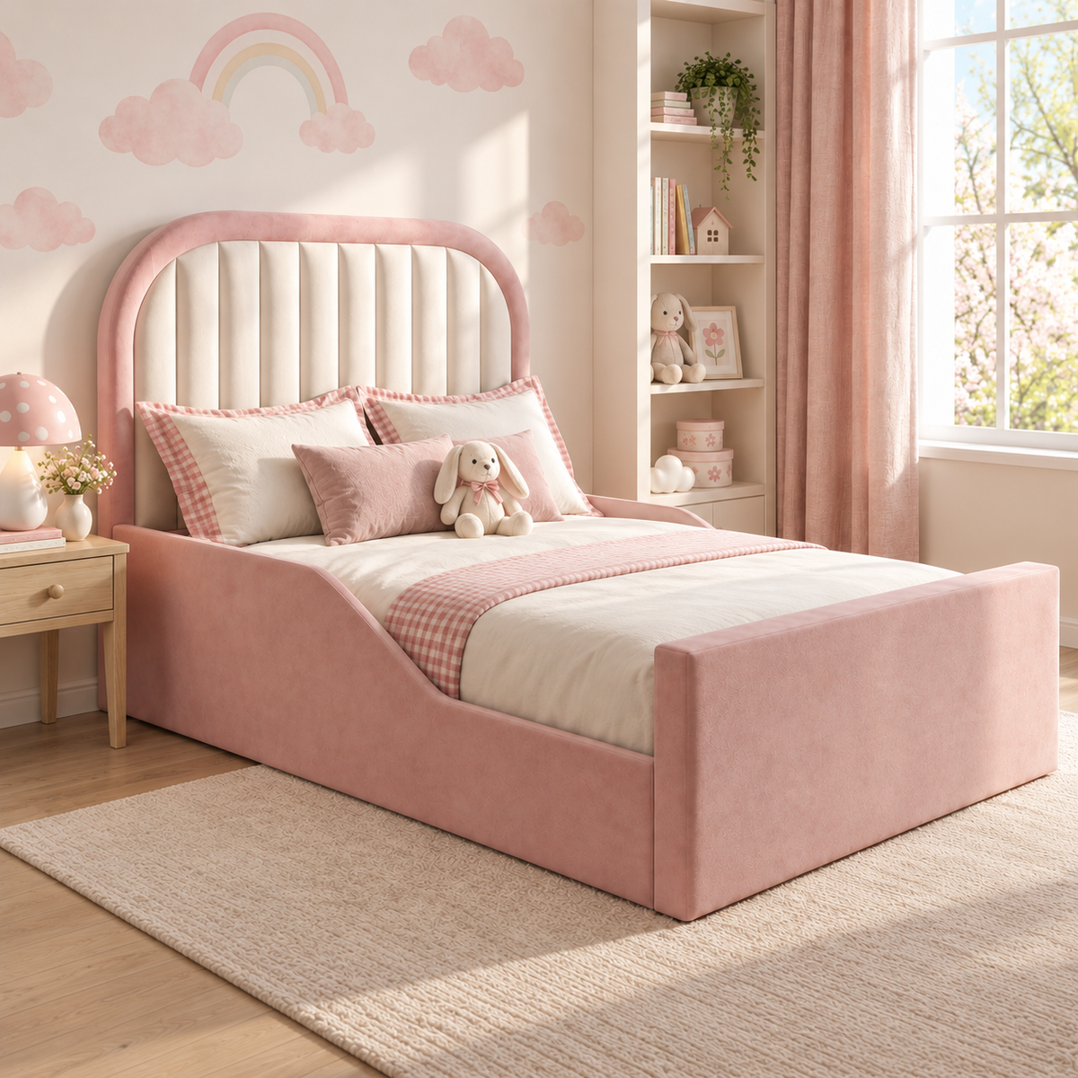 Peony Kids Bed Frame in original plush pink with cream channelled headboard inset, left-side view