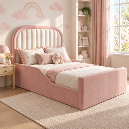 Peony Kids Bed Frame in original plush pink with cream channelled headboard inset, left-side view