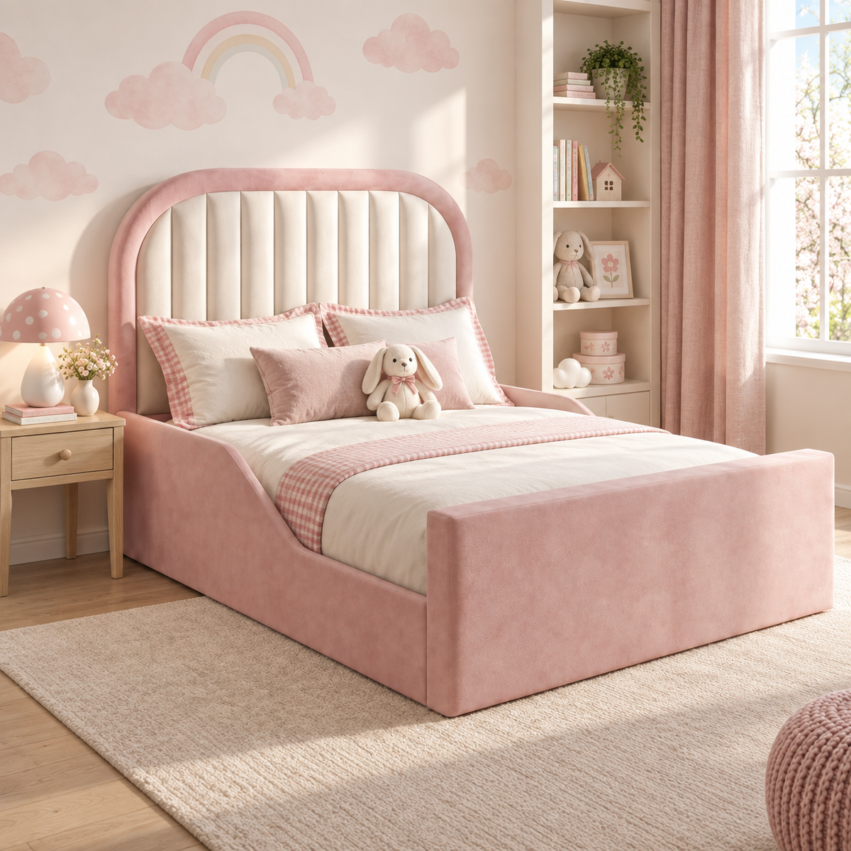 Peony Kids Bed Frame in original plush pink with cream channelled headboard inset, main styled bedroom view
