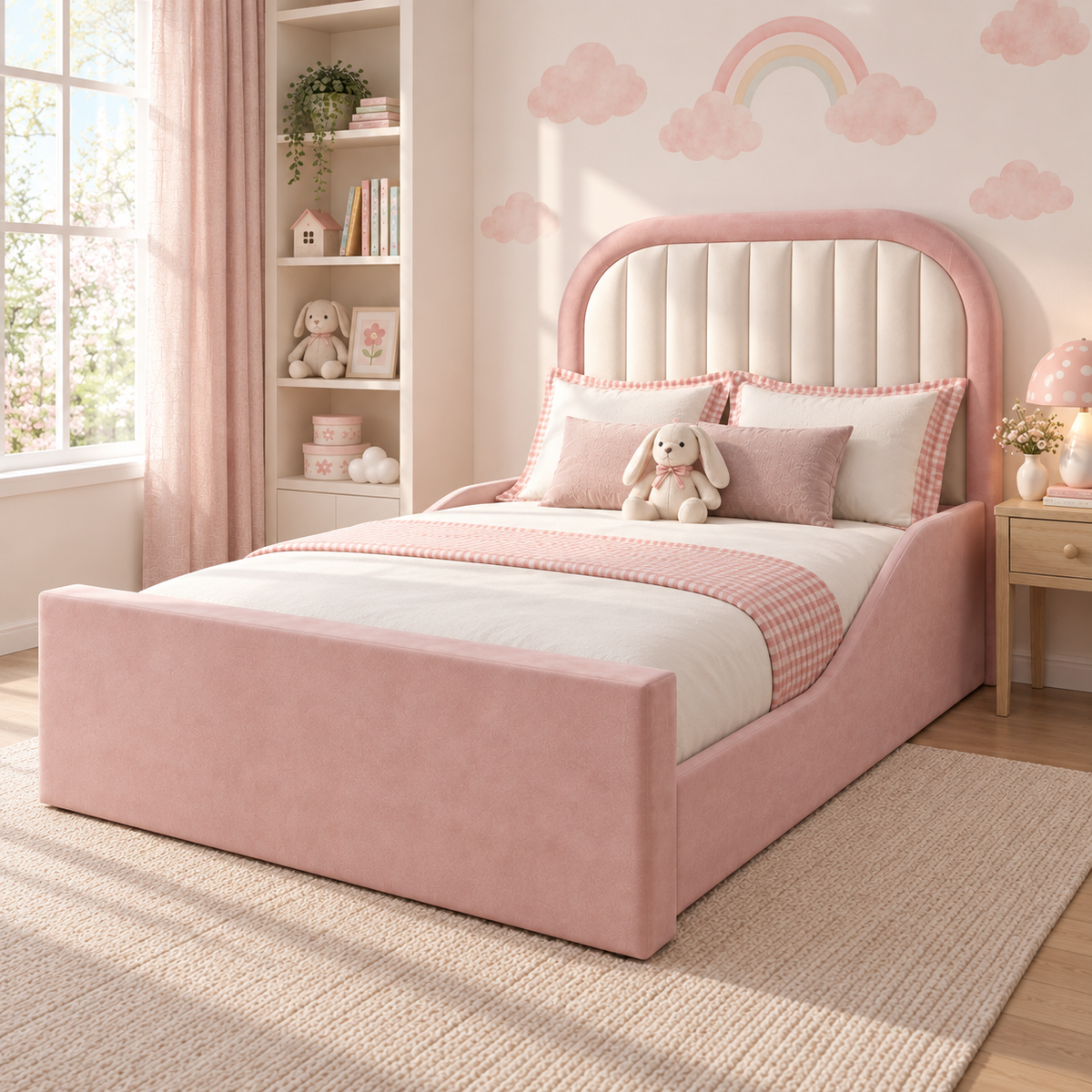 Peony Kids Bed Frame in original plush pink with cream channelled headboard inset, right-side view