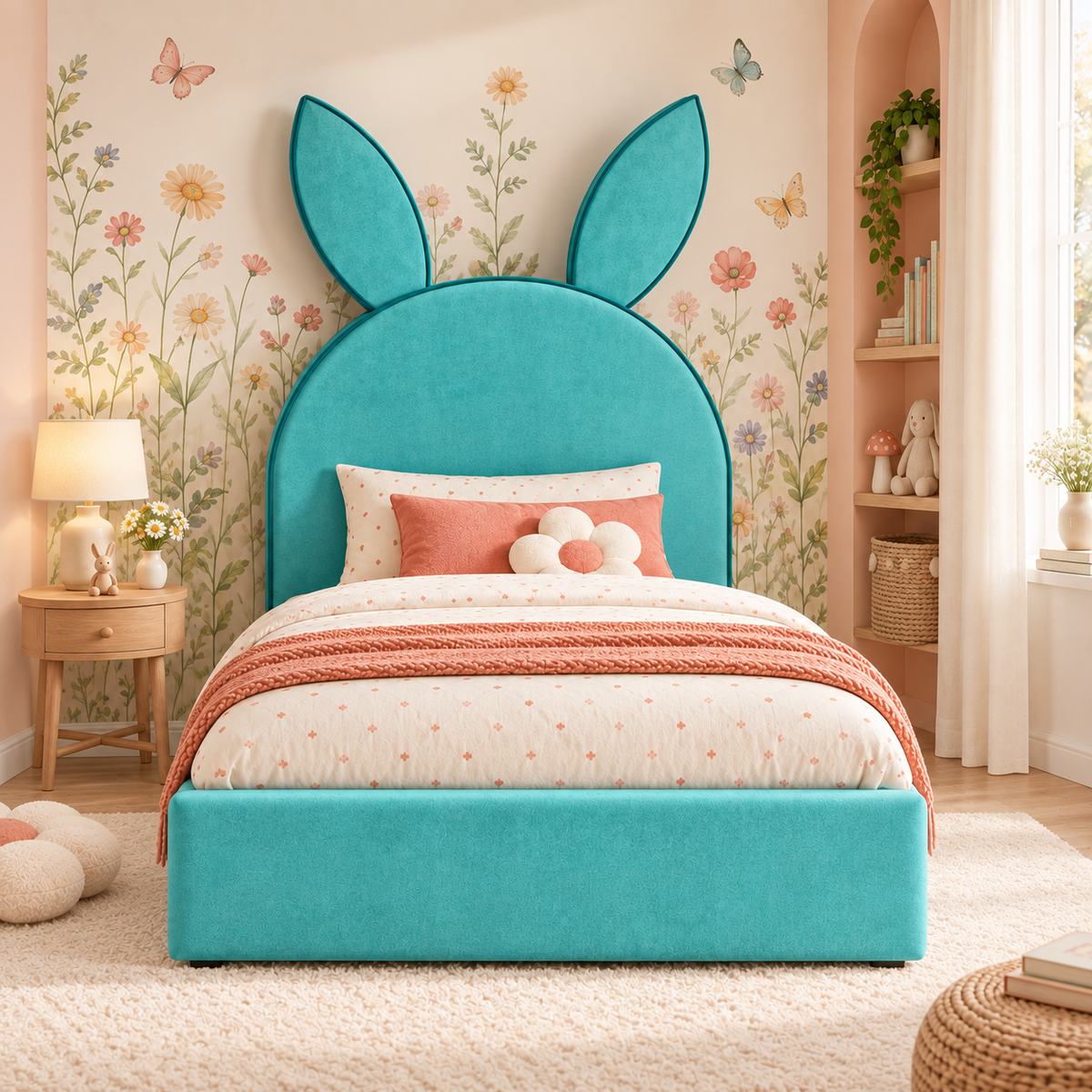 Posy Kids Bed Frame in vibrant turquoise, head-on view
