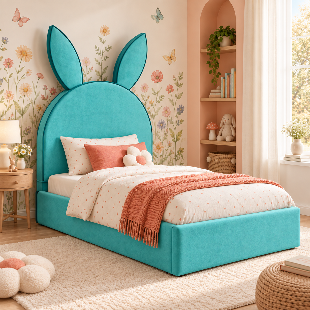 Posy Kids Bed Frame in vibrant turquoise, left-side view