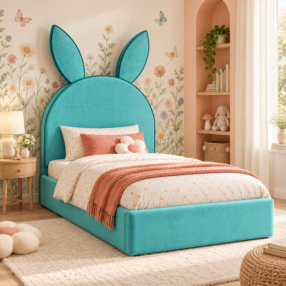 Posy Kids Bed Frame in vibrant turquoise, main styled bedroom view