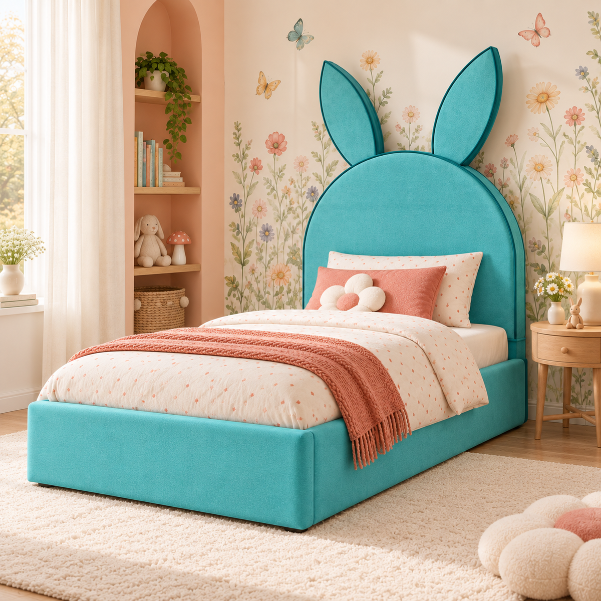 Posy Kids Bed Frame in vibrant turquoise, right-side view