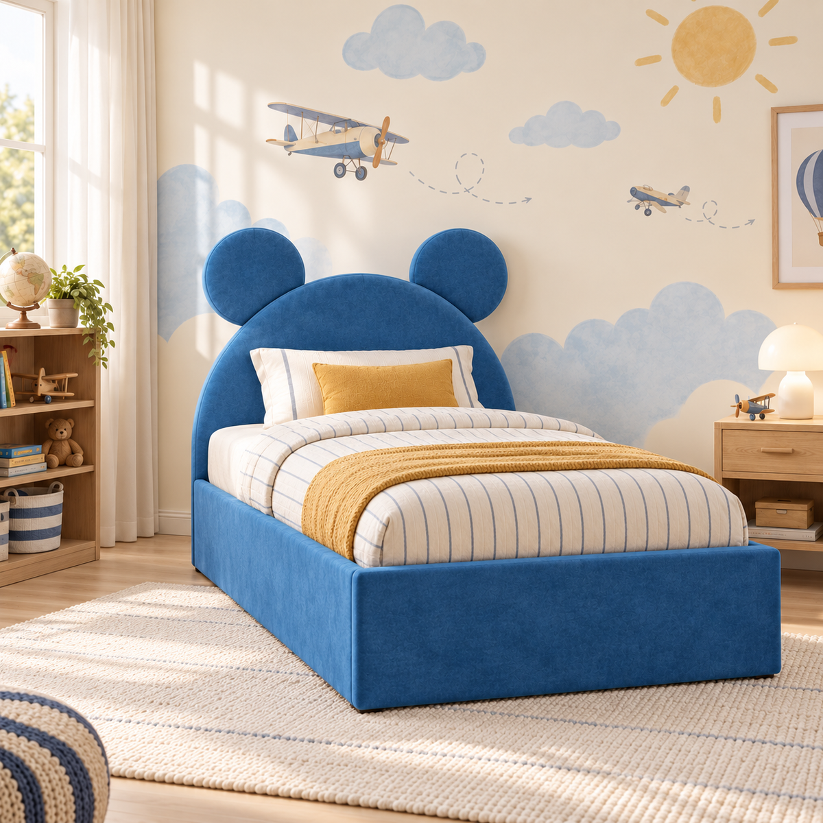 Remy Kids Bed Frame in vibrant ocean blue, left-side view